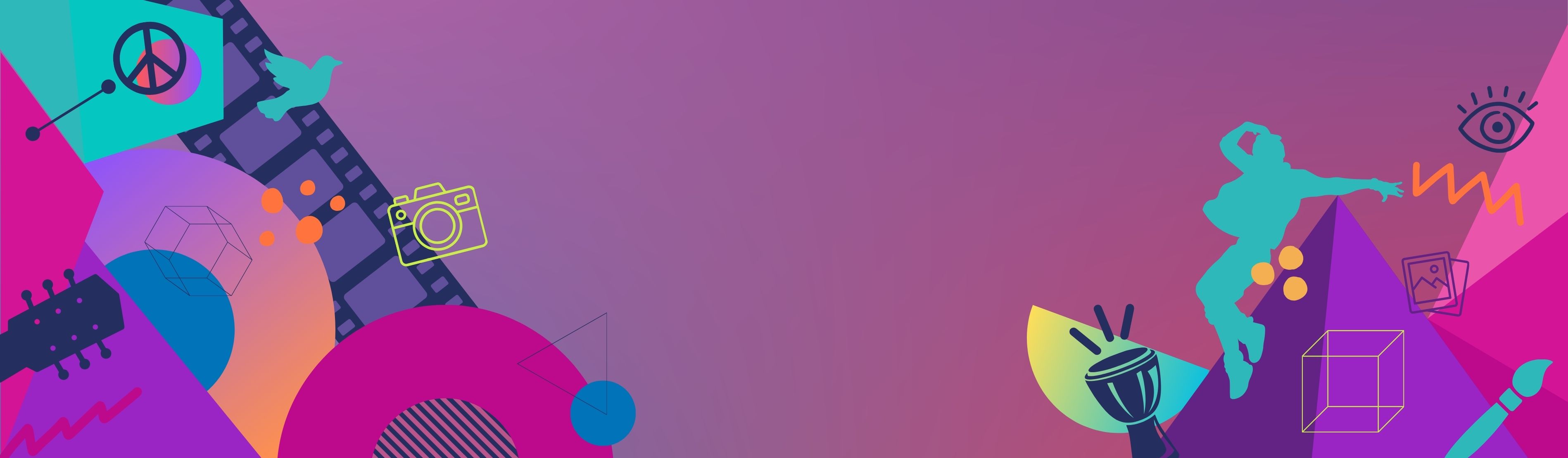 Colourful shapes and icons showing different cultural activities such as music, dance, art and faith