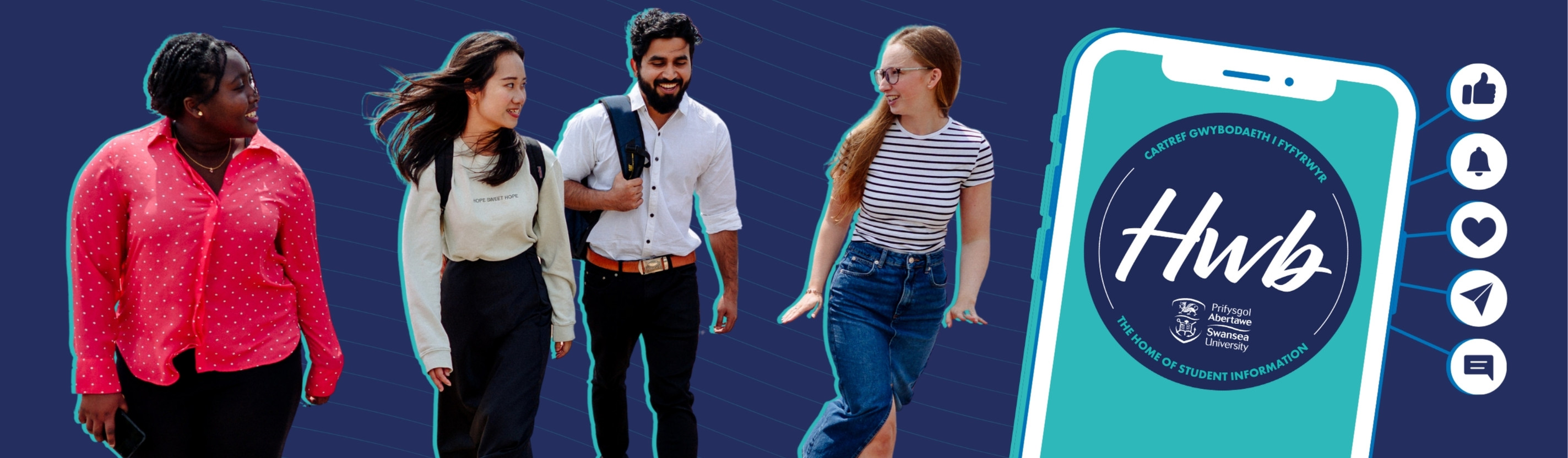 Smiling students walking together next to a smartphone showing the Hwb logo and social media action icons 