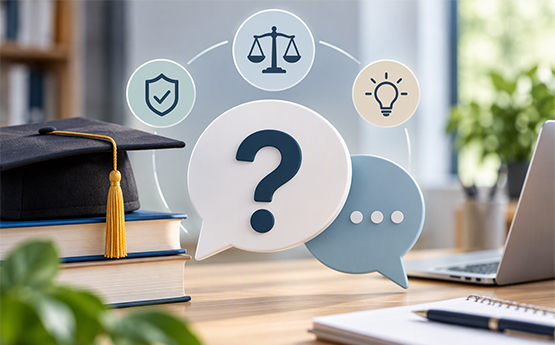 A question mark icon floating above a desk