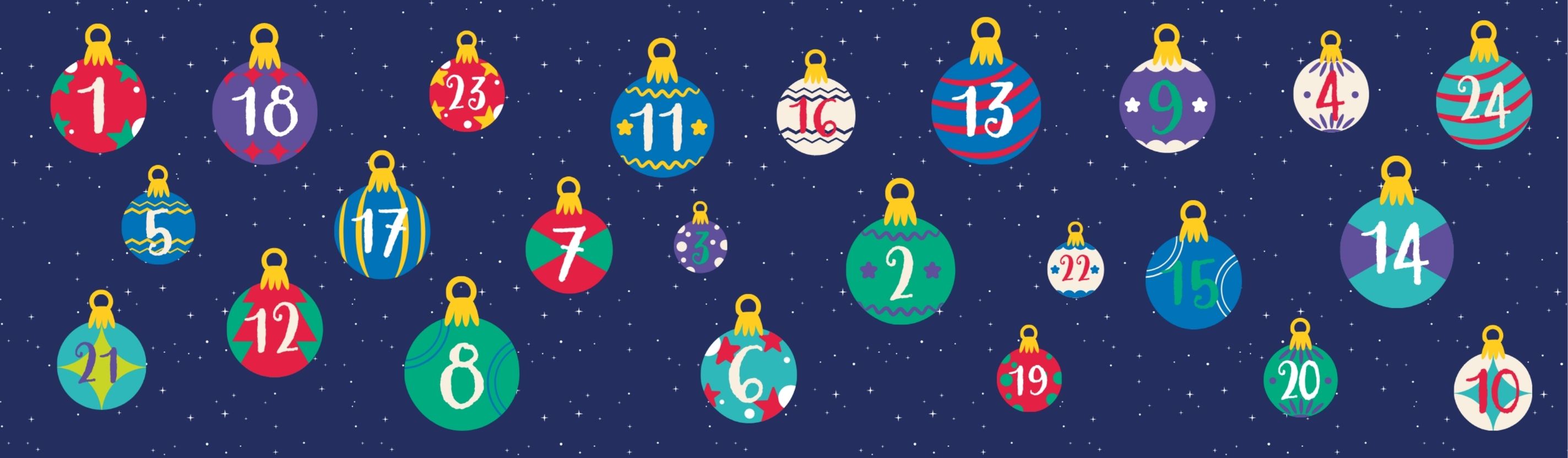 Colourful Christmas tree baubles with numbers on them