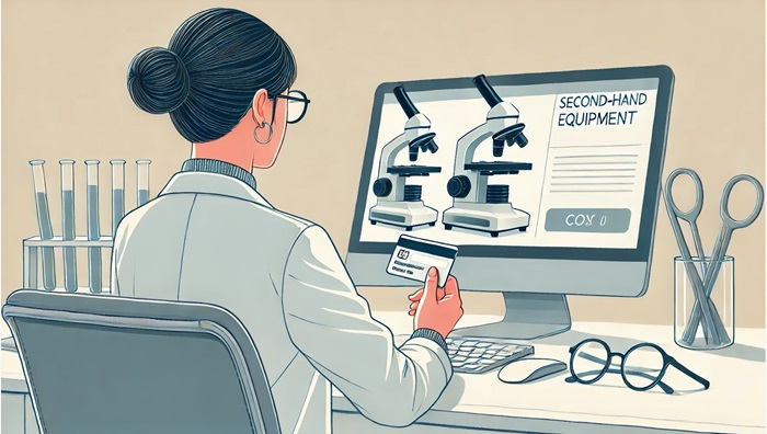 Gwyddonydd yn eistedd ar ei gliniadur yn prynu microsgop ail-law.