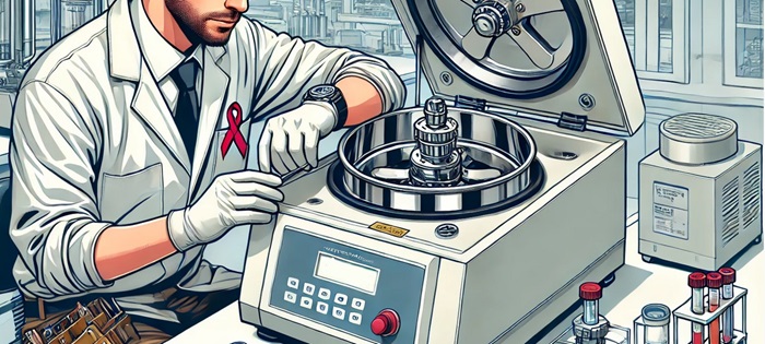 Person mewn cot labordy gwyn gyda menig gwyn yn trwsio rhywfaint o offer labordy