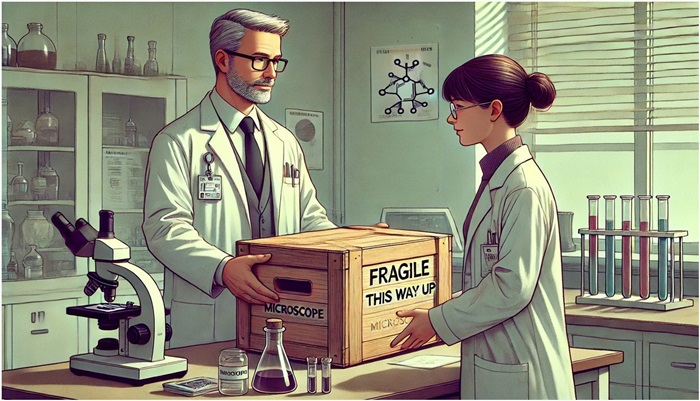 un gwyddonydd yn pasio blwch wedi'i farcio'n fregus i wyddonydd arall