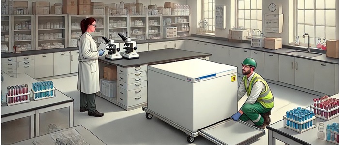 Menyw mewn cot labordy gwyn mewn labordy yn edrych trwy ficrosgop tra bod dyn mewn het galed werdd a siaced llachar yn symud oergell wen fawr