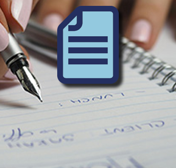 mae eicon sy'n darlunio dogfen yn ymddangos o flaen delwedd o rywun yn ysgrifennu wrth ddesg