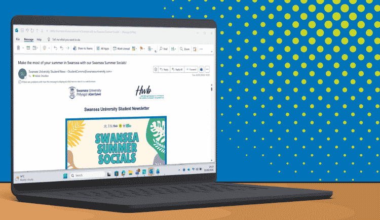 Newsletter email on a laptop - blue background