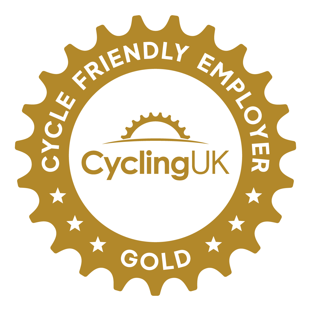 Cycling UK Cycle Friendly Employer logo a white circle with gold frame and cycling Uk in gold in the middle