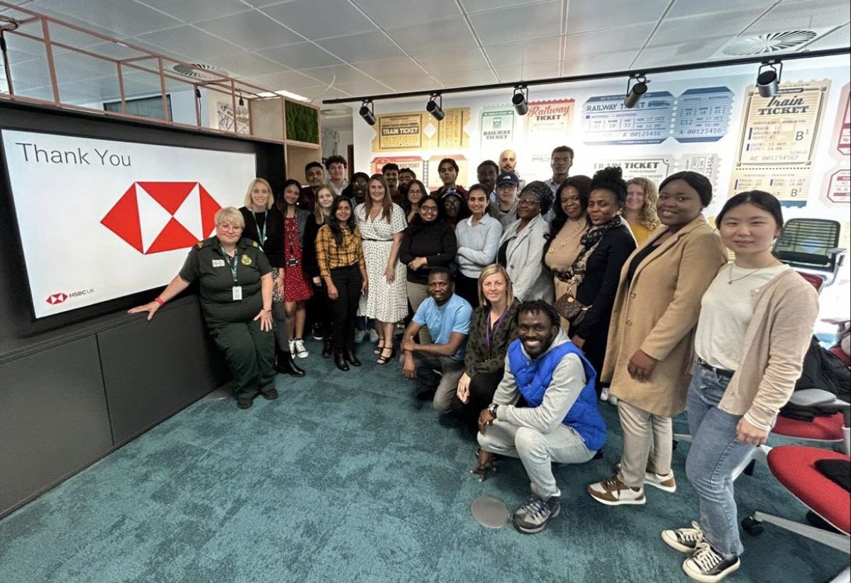 A group of students at the HSBC office in Swansea