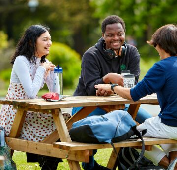 Students sitting on a park bench