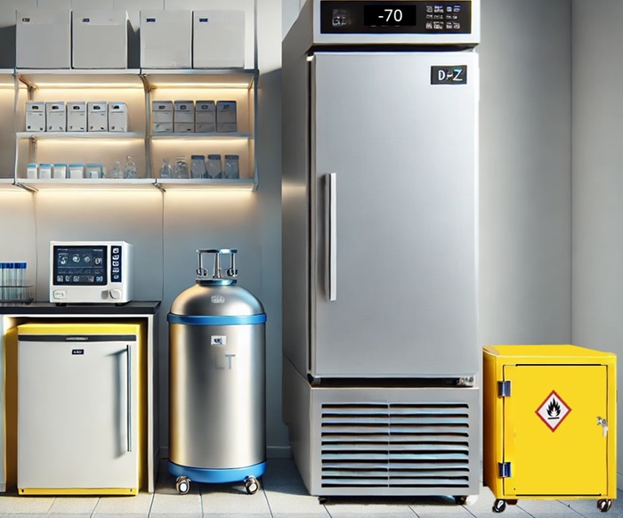 lab wall with freezer, fridge, dewar and chemical cupboard