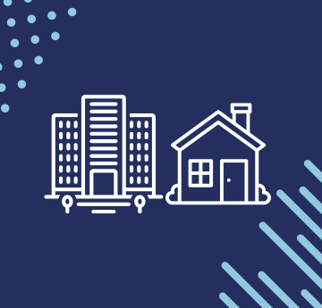 A graphic of halls of residence and a house