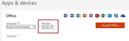A screenshot of the Apps & Devices page displaying Office installation options including two drop-down menus with the headings 'Language' and 'Version'. The 'Version' menu is set to the 32-bit option. The Install Office button is to the right of the drop-down menus.