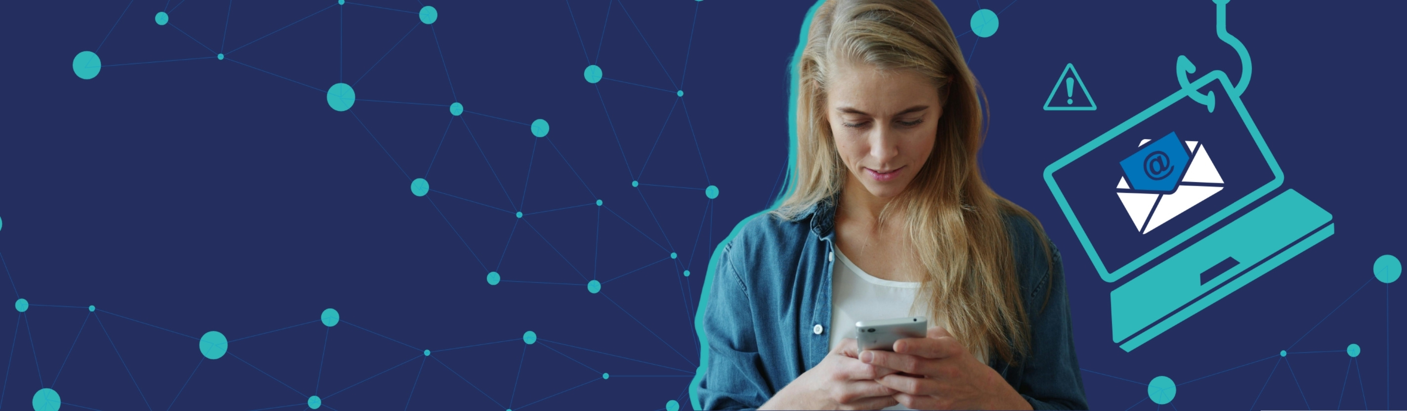 Person with a smartphone and a laptop caught on a fishing hook