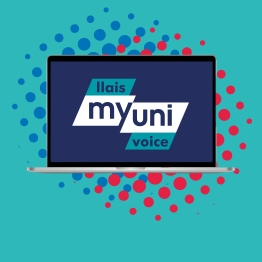 Open laptop with MyUniVoice logo on navy screen