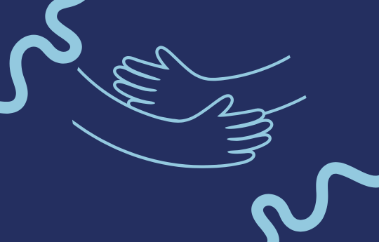 University branding, dark blue background with an outline of hands embracing a hug in a lighter blue colour. 